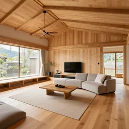 full interior view, photo of modern fully japanese livingroom in a luxurious wooden cottage, decorated florals, designer furnitures, architecture photography by alvar aalto
