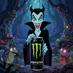 Movie frame from the creepy edgy Monster energy drink coloured nightmare Disney animated motion picture released in 1937, beautiful villain enchanted forest full of Monster energy drink critters, directed by Walt Disney energy drink,  highly detailed background paintings by Thomas Kinkade