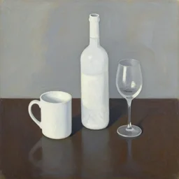 abstract oil painting on paper of a still life, with a white mug, white wine bottle, wine glass, on a table, in the style of john craxton, similar aesthetics to ivon hitchins