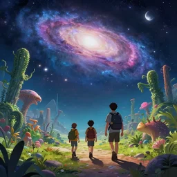 adventurors walking on a alien planet with alien plants and animals and a giant galaxy appearing in the sky, digital art anime style