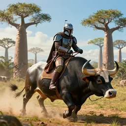 mandalorian riding a bull alone, madagascar with baobabs trees in the background, action scene, an epic fantasy, artgerm and greg rutkowski and alphonse mucha, an epic fantasy, volumetric light, detailed, establishing shot, cinematic, photorealistic, hyper detailed, ultra realistic, trending on art station, octane render, midsommar