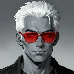 man with grey skin, white hair, wearing red tainted glasses, trending on artstation, comic book