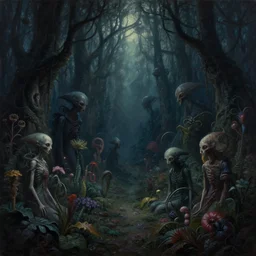 a cinematic masterpiece dark horror gothic painting of exotic alien mystical gothic forest of fear horror despair sorrow and misery at midnight, exotic flora, by Marc Simonetti, by Alex Grey, by Wayne Barlowe, by Paul Lehr, by Tim Hildebrandt, by Bruce Pennington, by Zdzisław Beksiński, oil on canvas, masterpiece, trending on artstation, featured on pixiv, cinematic composition, beautiful lighting, sharp, details, hyper-detailed, no frames, HD, HDR, 4K, 8K
