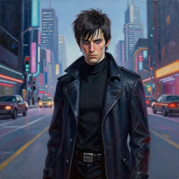 1 9 9 5 box art. netrunner cyberdeck. count zero. sly expression. on the streets of future la. character class. keith parkinson. oil on canvas. and you ask, what are we doing?