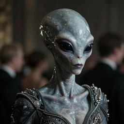 grey alien masquerade ball, intricate details, very realistic, cinematic lighting, volumetric lighting, photographic, cinematic film still, lars von trier