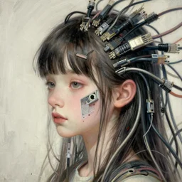 beautiful pure evil teenager lain, cute haircut, with hundreds of network cables, neatly coming out of her head, a part of her face panel is showing, she is in pure bliss, chaos, bizarre, strange, portrait, painting, soft and intricate, fine lines