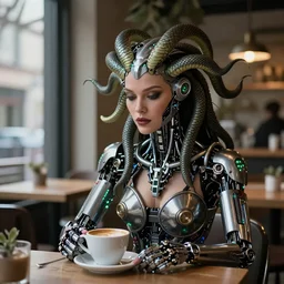real life terminator gorgon medusa with borg implants and robotic snakes coming out of her head sitting at a cafe having a cup of coffee. Tiny green led lights in her cybernetics. very detailed 8k