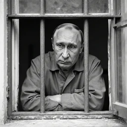 a very sad and old wrinkled vladimir putin ( ( in prison clothes looking sadly out of the prison window with prison bars ) ). detailed professional 3 5 mm black and white photo by don mccullin and anders petersen world press photo award