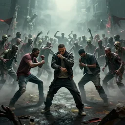full - body action shot of a gangsta rap group n. w. a. fighting a horde of zombies, in the style of boondocks, mist, epic, cinematic, volumetric lighting, symmetry, fantasy style, highly - detailed, unreal 5, realism,