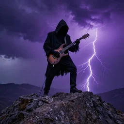 the grim reaper standing on a rocky mountain shredding a guitar in a thunderstorm on a purple sky, widescreen