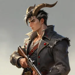 league of legends concept art handsome tall man with black and white striped short hair and ibex horns on a head, tattered slate gray collared coat with red buttons, holding old musket, art by charles liu, profile portrait, fantasy style, soft lighting, vibrant color scheme, ultra detailed, volumetric lighting, octane render, commission art, 8 k wallpaper