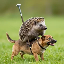 a hedgehog is carrying a lance while riding on a dog. jousting.
