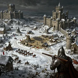 RTS gameplay third person in style of Brueghel paintings, painting,   Stronghold strategy gameplay, high detailed,dark fantasy, dark tones, medieval, snow, buildings, castle, armored units, red flags, cavalry,RPG, high detailed, contrast, octane render,mill, farm, creative