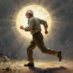 Side view of an old man running toward a better future, hyperdetailed, artstation, cgsociety, by greg rutkowski, by Gustave Dore