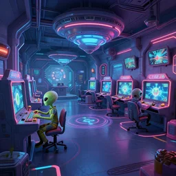 two alien playing game at its spacious gaming room, hi - tech gaming setup, intricate, led lights, retro - futurism, indoor, spacious, artstation, art by filip hodas and artgerm