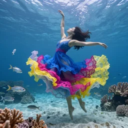 woman dancing underwater wearing a flowing dress made of many layers of blue, magenta, and yellow translucent lace, elegant coral sea bottom, swirling silver fish, octane render, caustics lighting from above, cinematic