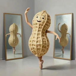 painting of human - sized peanut with arms and legs and a face dancing ballet, studio, mirrors, lighting