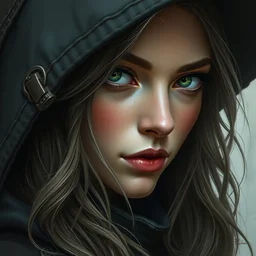 close up portrait of a ruggedly female witch, soft hair, half body, leather, d & d, fantasy, intricate, elegant, highly detailed, digital painting, artstation, concept art, smooth, sharp focus, illustration, art by artgerm and greg rutkowski and alphonse mucha