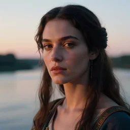 closeup photographic portrait of a stunningly beautiful renaissance female shaman in soft dreamy light at sunset, beside the river, soft focus, contemporary fashion shoot, hasselblad nikon, in a denis villeneuve movie, by edward robert hughes, annie leibovitz and steve mccurry, david lazar, jimmy nelsson, hyperrealistic, perfect face