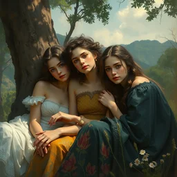 illustration studio portrait of three beautiful girl in an artistic pose resting in nature, monet painterly motives and textures pattern, hyper detailed, octane render, vivid colors, artstation, by jeremy mann, by alphonse mucha, by monet