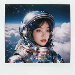 analog polaroid portrait of a beautiful asian woman wearing a chrome space helmet, Hajime Sorayama, sheen, red reflections, unreal engine, azure sky, big clouds visible, sunlight, reflection, sparkles, space, stars, nebula, lensflare, film grain, depth of field, color bleed