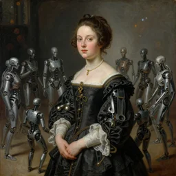 elisabeth louise vigee - le brun painting of, tens of ai cyborgs formed in circular formation for ritual, vfx paticles 3 d, old realistic master painting