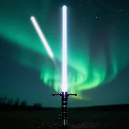 a light saber with the northern lights inside of it, uncropped, photography