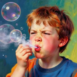A psychedelic portrait of an annoying kid blowing snot bubbles, vibrant color scheme, highly detailed, in the style of romanticism, cinematic, artstation, Moebius, Greg rutkowski