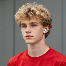 white teenager with curly blonde hair red t shirt airpods attractive, high - quality photo realistic highly detailed high - quality 8 k