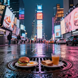 breakfast hovers over an open manhole, times square, night time, raining, neon light, romantic, ultra realistic, unreal engine, 4k, artstation