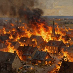 illustration of a town in fire in the style of John Kenn Mortensen, realistic painting, high definition, digital art, matte painting, very detailed, realistic