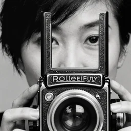 photo of 梅艳芳 by Diane Arbus, extreme closeup, black and white, high contrast, Rolleiflex, 55mm f/4 lens