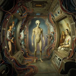 alien in spaceship interior covered with tubes wires by salvador dali, psychedelic trippy visionary art, soft bloom lucid dream - like atmosphere, baroque painting, perfect composition, detailed octane render trending on artstation, 8 k artistic photography, volumetric cinematic perfect light, chiaroscuro, masterpiece, raphael, caravaggio, beksinski, rutkowski, beeple