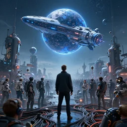 dyson sphere program, by greg rutkowski, by rhads, by jesper ejsing, so many wires, sharp focus, man standing, colony, atom, crowd, steam punk, blue space ship in sky, astronaut, earthquake