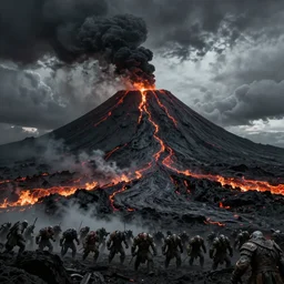 Dead landscape, fire and lava, black volcano, rugged black clouds, ash in the sky, army of orcs gathering below, fantasy book illustration 8k movie poster, cinematic composition