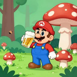 beer, drunk mario drinks beer and eat mushroom in forest with mushrooms and big fly agaric, 8 bit, cartoon