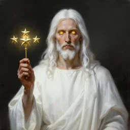 « portrait of the white - haired jesus in a white robe and flaming yellow eyes, holding seven stars in right hand, grim colors, very realistic, high - contrast, intricate, elegant, highly detailed, digital painting, artstation, concept art, smooth, sharp focus, illustration »