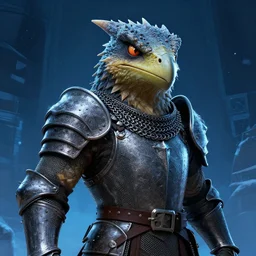 portrait of an antropomorphic raptor knight, reptile face, wearing chainmail armor, angry look, ready for battle, mattepainting concept blizzard pixar maya engine on cold night stylized background splash comics global illumination lighting artstation lois van baarle, ilya kuvshinov, rossdraws