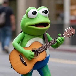 anthropomorphic pepe le frog with a guitar, street photography, aperture 1. 0, sharp focus