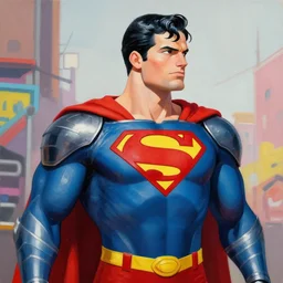greg manchess portrait painting of fully armored superman as overwatch character, medium shot, asymmetrical, profile picture, organic painting, sunny day, matte painting, bold shapes, hard edges, street art, trending on artstation, by huang guangjian and gil elvgren and sachin teng