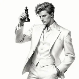 a highly detailed illustration of short ginger haired man wearing white suit, dramatic holding chess piece pose, black and white checkerboard background, intricate, elegant, highly detailed, centered, digital painting, artstation, concept art, smooth, sharp focus, league of legends concept art, WLOP