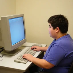 A fat kid playing on a 1999 computer
