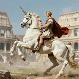 roman emperor riding a wild unicorn, 8 k,