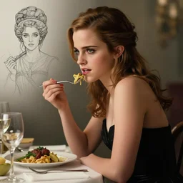 emma watson eating dinner, character sheet, character design, contrast, deep focus, turnaround, highly detailed, dramatic lighting, digital painting, artstation, concept art, matte, sharp focus, illustration, elegant, art by artgerm and greg f and alphonse mucha.