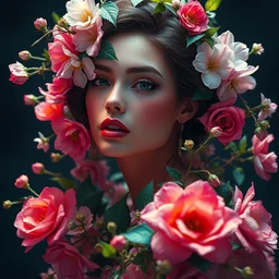 colourful vfx art - portrait of linda evangelista wrapped in flowers & vines, art by hsiao - ron cheng & james jean, presented as magazine collage style, volumetric light, colourful, sharp, detailed, digital painting, illustration, magazine collage, highly detailed, intricate detail, unreal engine, octane render, pinterest, behance, art station