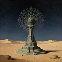 pagan cyberpunk occult scifi weird strange convoluted sacred geometry altar monument statue in the middle of the desert, abandoned, mysterious, paranoid atmosphere, minimalistic, painting by beksinski, dali, bosch, escher, carrington, barlowe, moebius, frazetta