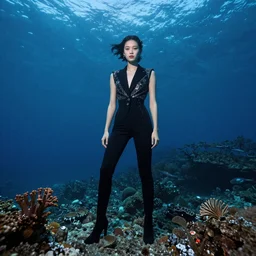 fashion editorial in the depth of the sea. wide angle shot. highly detailed. depth of field. high definition. 8k. photography.