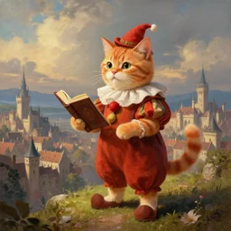 a fantasy painting of an anthropomorphic orange tabby cat dressed as a renaissance clown and holding a book, standing on a hill overlooking a vast medieval city, cinematic, beautiful lighting, dramatic