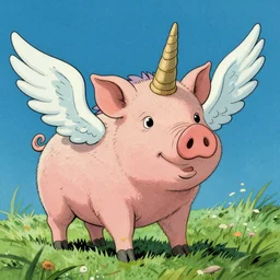 trippy comic art of a unicorn horned pig with white wings drawn by Martin Rowson, Tim Burton, Studio Ghibli, Alex Pardee, Nekro Petros Afshar, James McDermott, colors by lisa frank, unstirred paint, vivid color, cgsociety 4K