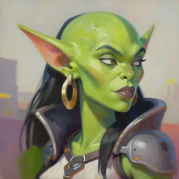 greg manchess close - up portrait painting of a beautiful female dieselpunk orc with olive green skin as an overwatch character, medium shot, asymmetrical, profile picture, organic painting, sunny day, matte painting, bold shapes, hard edges, street art, trending on artstation, by huang guangjian and gil elvgren and sachin teng